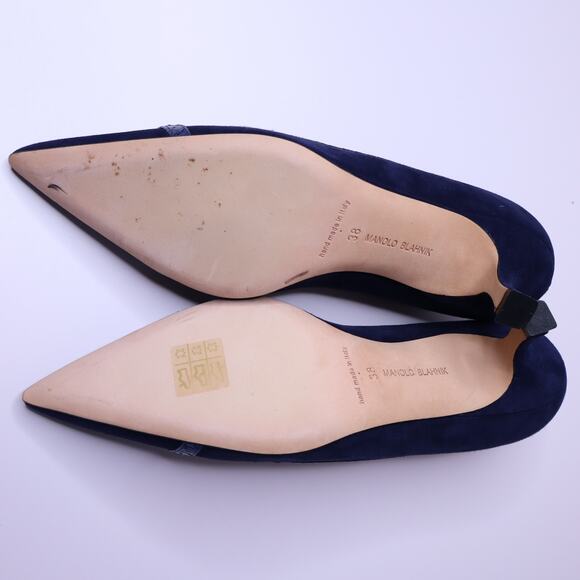 MANOLO BLAHNIK Monda Snake and Suede Pumps Navy Pointed Toe Heel Women's 38 - Picture 7 of 11